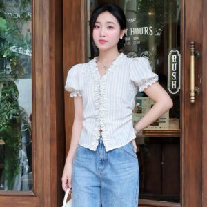 Áo kiểu sọc nhún eo tay phồng – Vintage Stripe Blouse