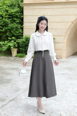 Thời trang công sở giáo viên thanh lịch với áo sơ mi thắt nơ